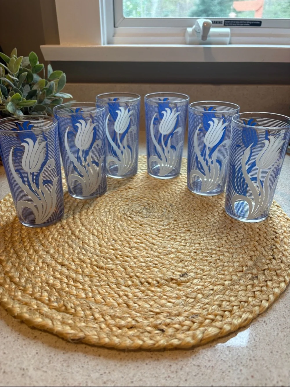 (6) Vintage MCM Blue and White Tulip Glasses - 8 oz.